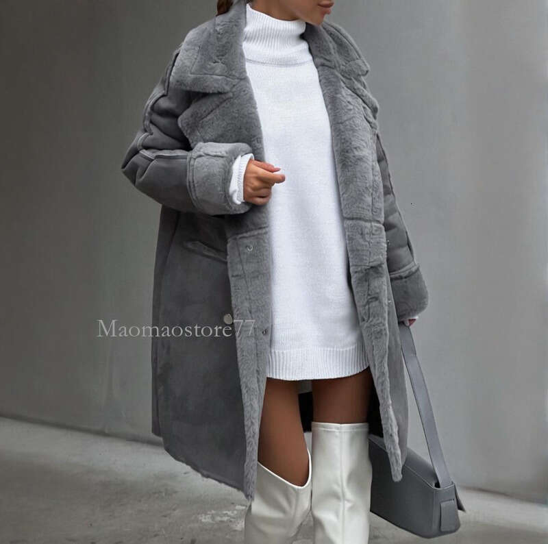 Winter Furry Suede Coat Suit Collar Cardigan Long Sleeve Plush Jacket coats designer women