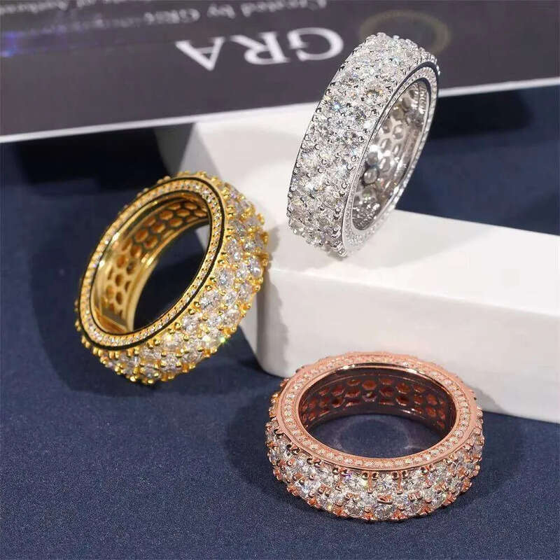 HIPHOPBLING Cross-Border Ready Stock Men's and Women's Leisure Three-Row Sier Moissanite Ring