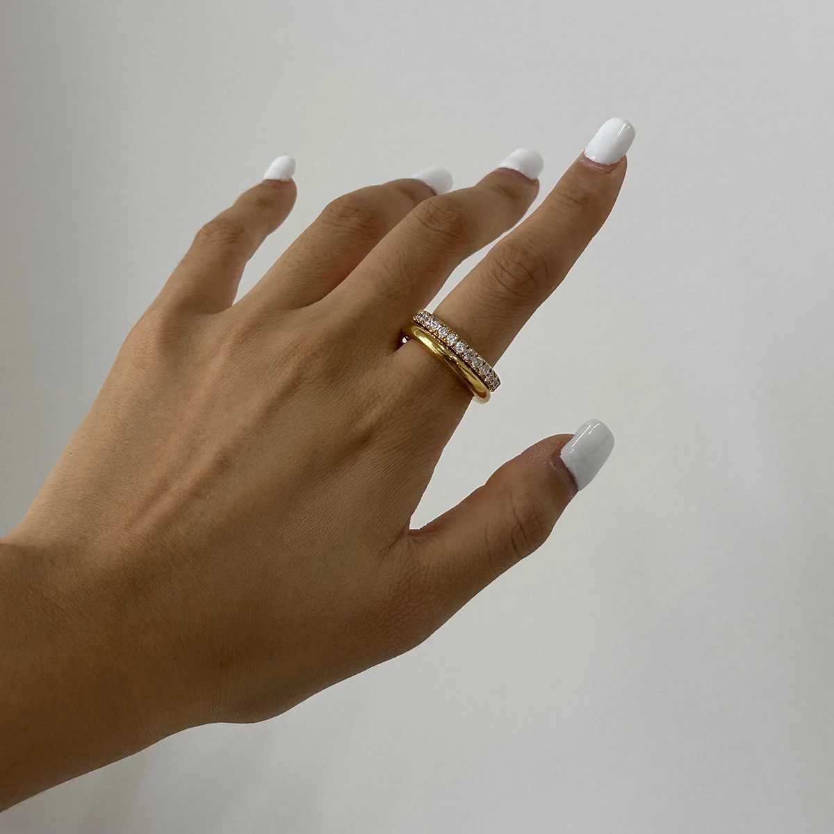 Youthway Minimalism Glossy Shine Stainless Steel White Cubic Zirconia Inlaid Double Layer Ring Waterproof Jewelry Gift Z251017