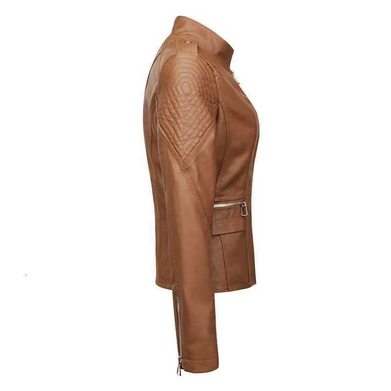 Womens Leather Jacket Spring Autumn Short Motorcycle Suit PU Leather Jackets Stand Collar Long Sleeve Zipper Slim Coats TrendT251017