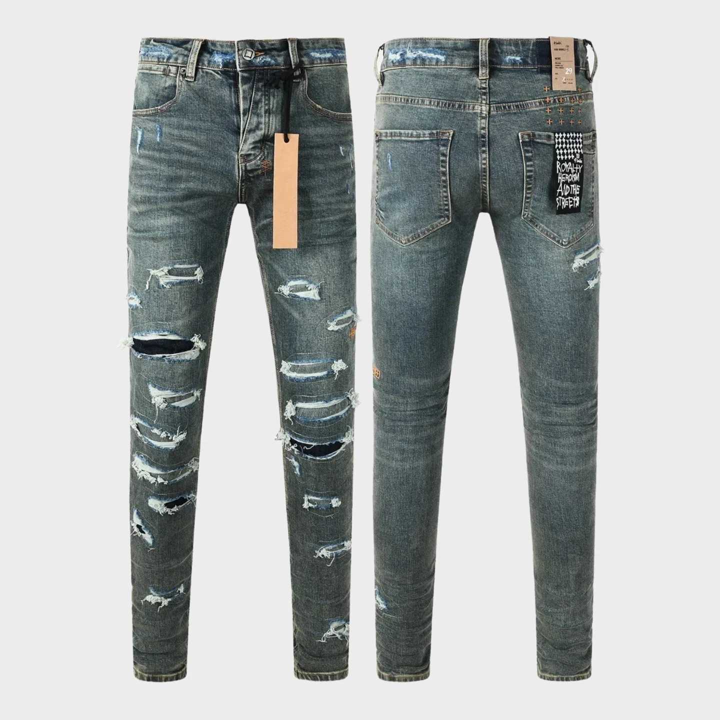 Luxurious jeans with embroidered letters brass buttons exquisite craftsmanship high street slim ripped series1 Y251105