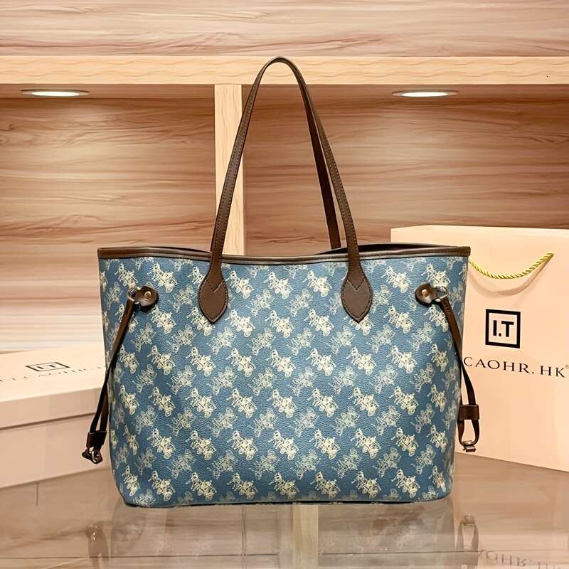 Elegant Blue Handbag, Red Interior, Large Capacity, Gold Hardware, Detachable Shoulder Strap - Suitable For Daily And Commuting, Travel Floral Print H