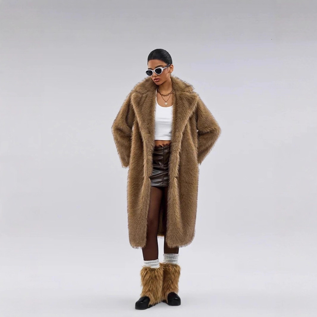 Autumn Winter Womens Long Faux Fur Coat with Suit Collar Faux Fur Coat Faux Fur Jacket
