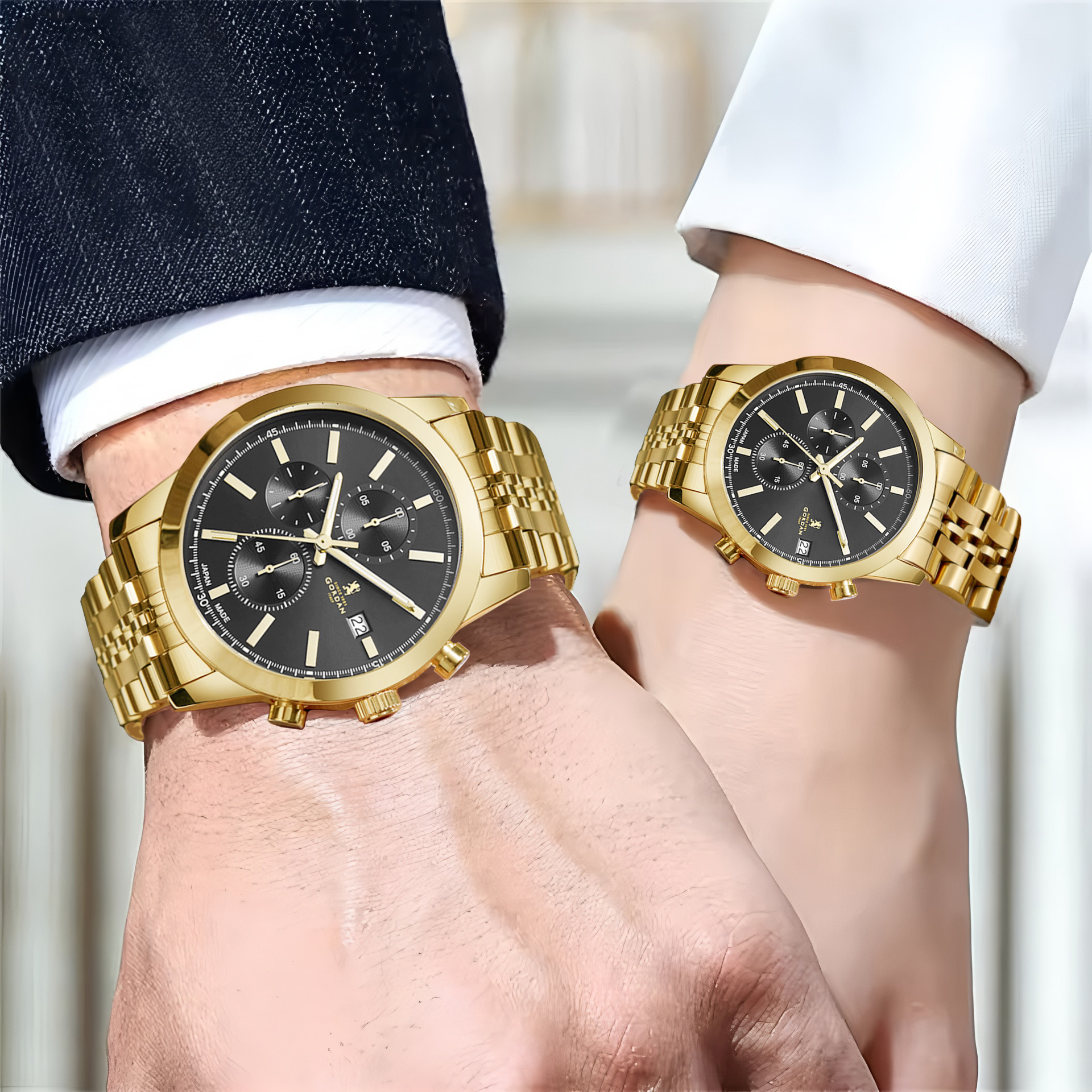 Couple Dress Watch Luxury Stainless Steel Men's & Womens Quartz Chrono Designer Couple Gift Watch with VD53 Japan Movement