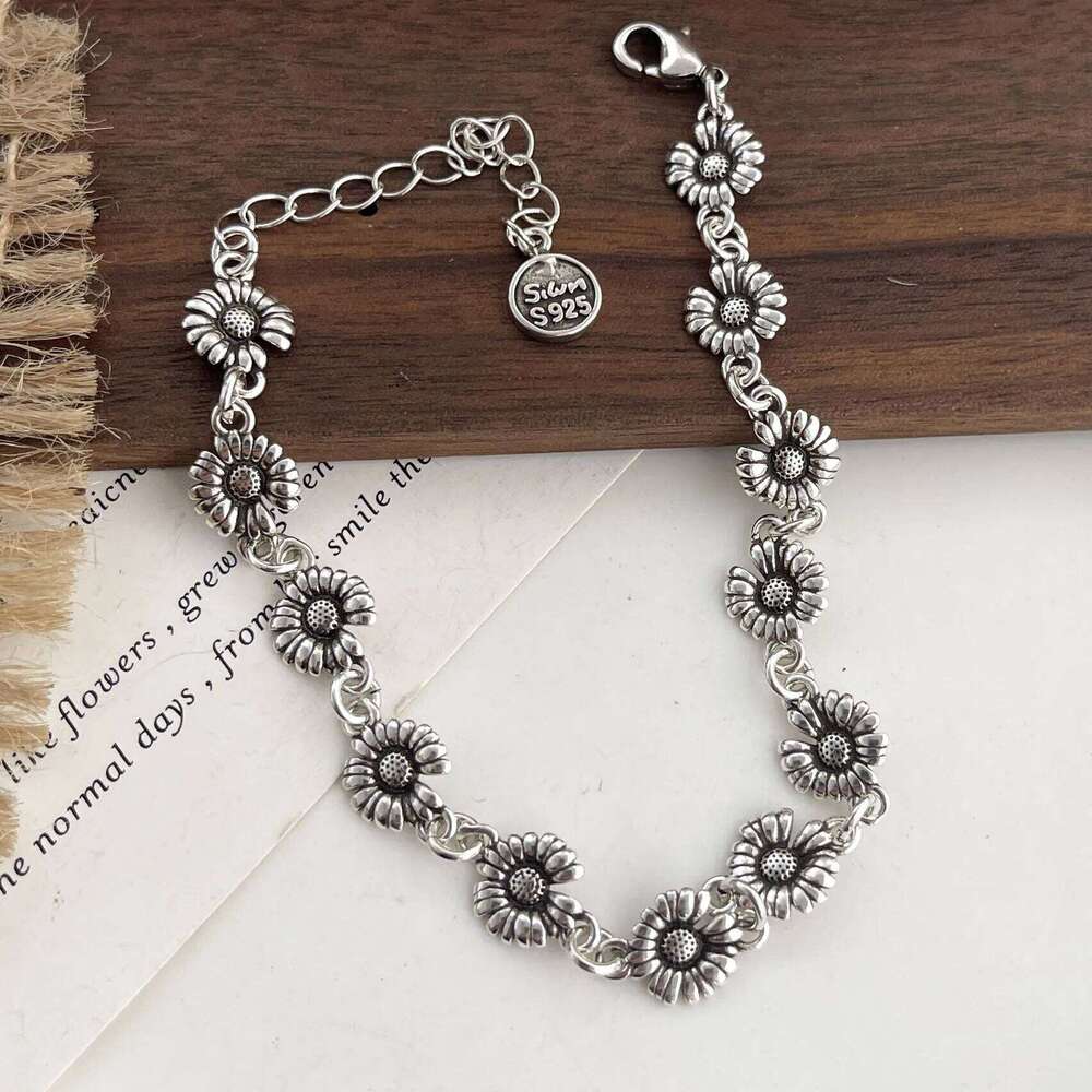 100% Solid Sterling Sier Retro For Women Men Vintage Flower Handmade Patern Bracelet Birthday Gift