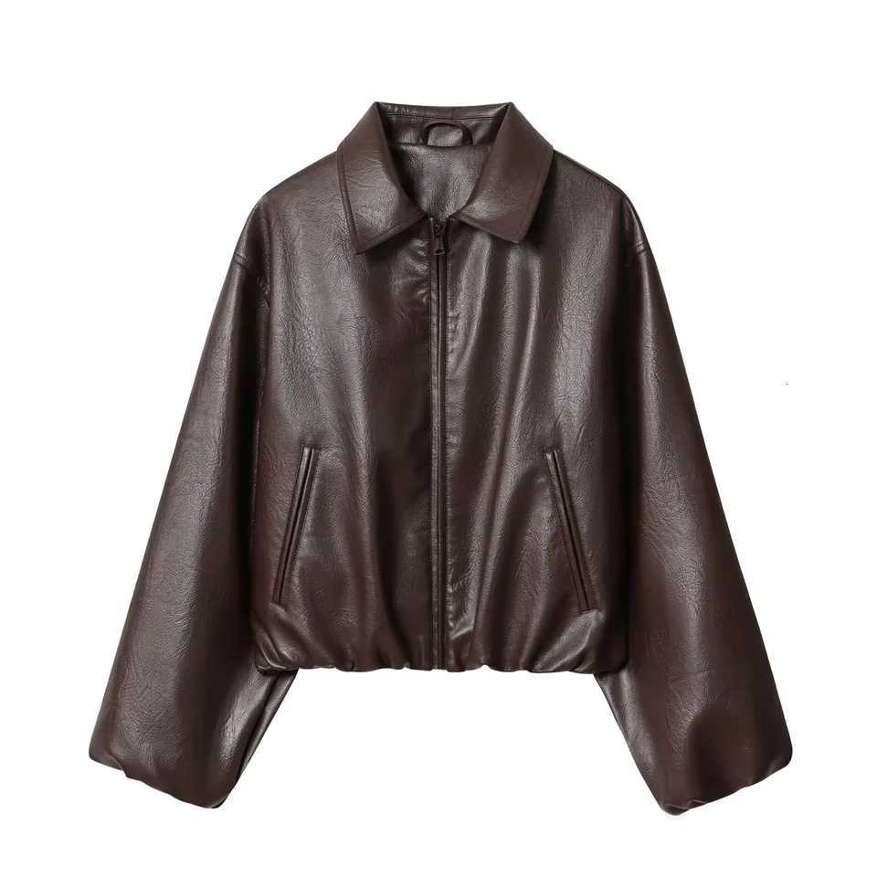 autumn new womens casual fashion simple temperament allmatch imitation leather pilot lapel jacket top coatT251017
