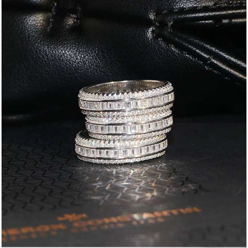 US Size 6-10 High Quality Sparkling Weddig Rings Elegant Jewelry Sterling Sier Full Princess Cut White Lab Moissanite Dia Party Eternity Women Band