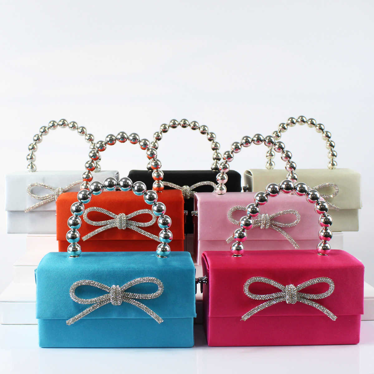 New French Style Shiny Small Square Box Bag with Bowknot for Evening Party, Handheld, Shoulder, and Crossbody Bag