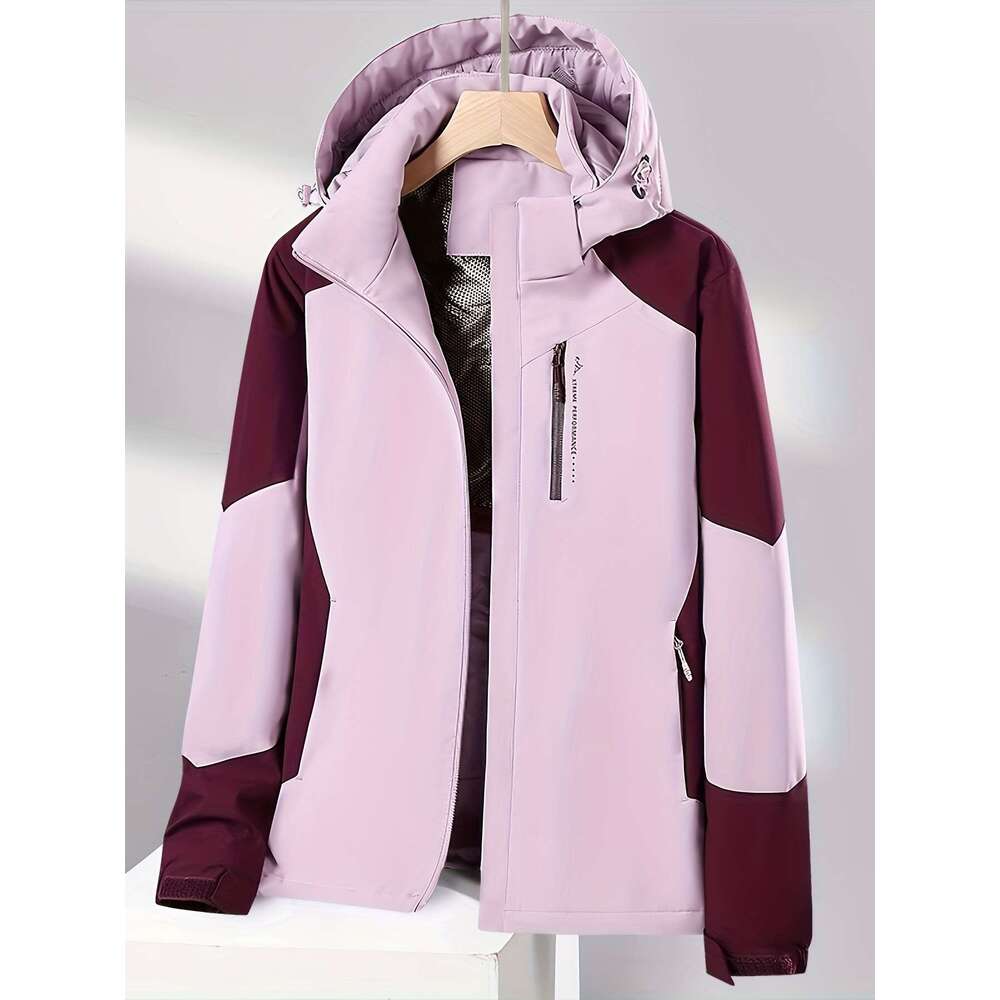 Windproof Jacket Windproof & Warm Women's Lightweight Winter Hooded Jacket | Color-Block Design With Zipper Front, Long Sleeves, And Adjustable H
