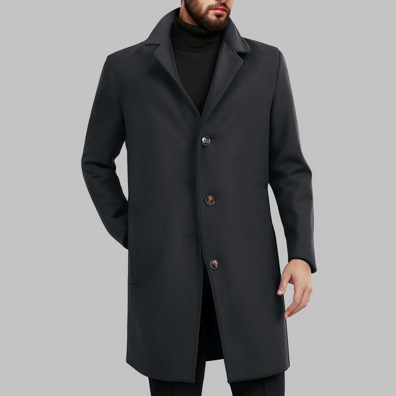 MenS Thicken Business Trench Coat Plus Size Winter Overcoat Lapel Long Sleeve Medium Length Single Breasted Vintage Jacket Z250918