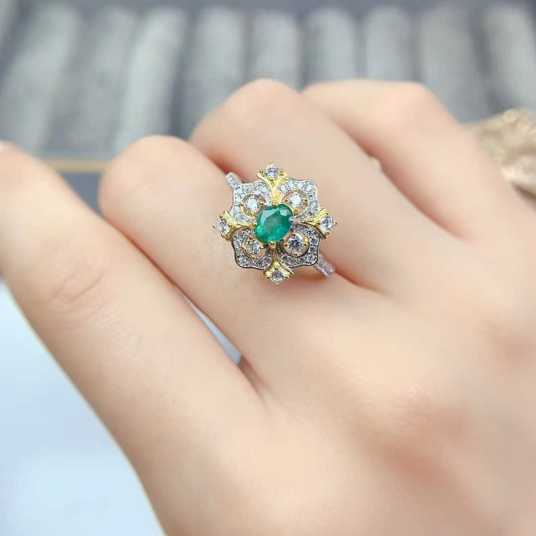 Antique look 925 silver ring natural emerald ring with certificate 4mm*6mm Colombia emerald jewelry with 18K gold plating