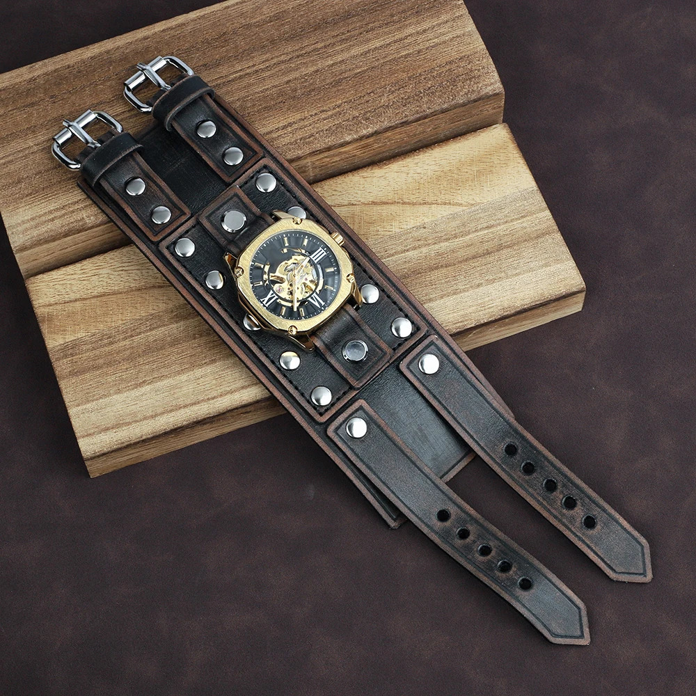 Vintage Punk Leather Cuff Strap 20mm Mens Wrist Watch Band with Mat Double Buckle Rivet Watchband Bracelet Watches Accessories 251016