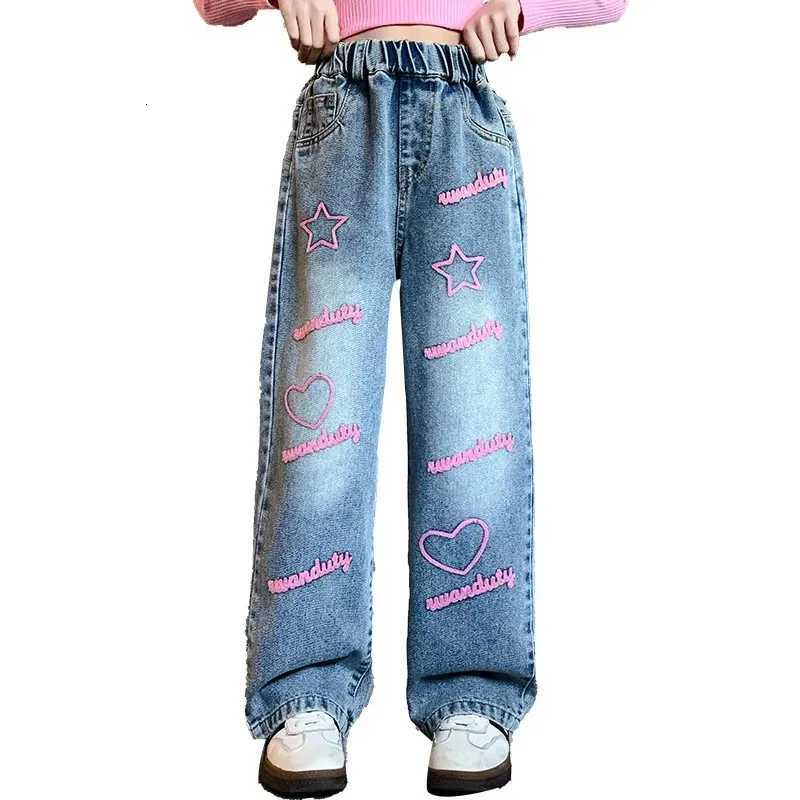 2025 New Elegant Teen Girl Heart And Letter Jeans For Teen Girl Fashion Kids Denim Pants Girls Wide Leg Trousers 5 To 14 YearsT251017