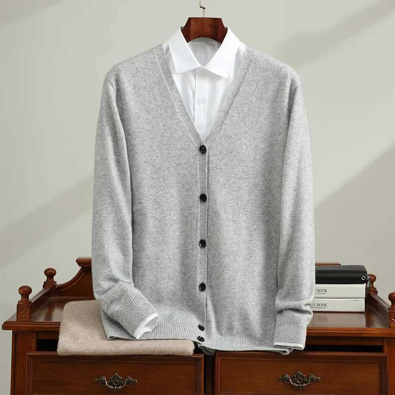 Mens 100 Cashmere Cardigan SpringAutumn Casual Solid Knitted Vneck Sweater Loose Thick Warm SingleBreasted Jumper Coat J251017