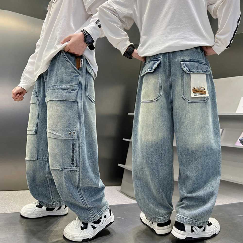 Boys Casual Loose Straight Leg Jeans Spring Autumn New Style Kids Letter Print Cargo pants Trousers for Big BoysT251017