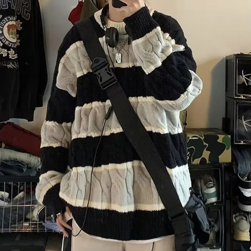 Patchwork Striped Crewneck Sweaters For Men Hip Hop Fashion Knitted Hombre Winter Y2K Vintage Pullovers Knitwear 251017