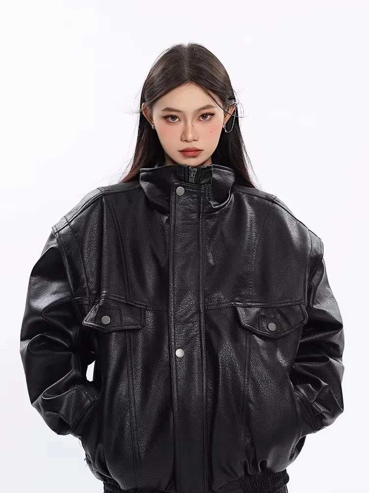 Mauroicardi Spring Autumn Oversized Black Thickened Warm Hard Faux Leather Jacket Women Zip Up American Retro Unisex ClothesT251017