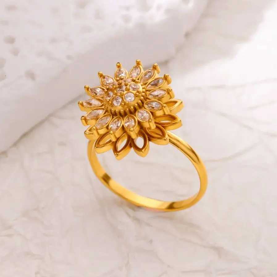 Zircon Sunflower Open Rings For Women Men Gold Color Stainless Steel Ring Wedding Luxury Jewelry Party Gifts bijoux femmesW251017