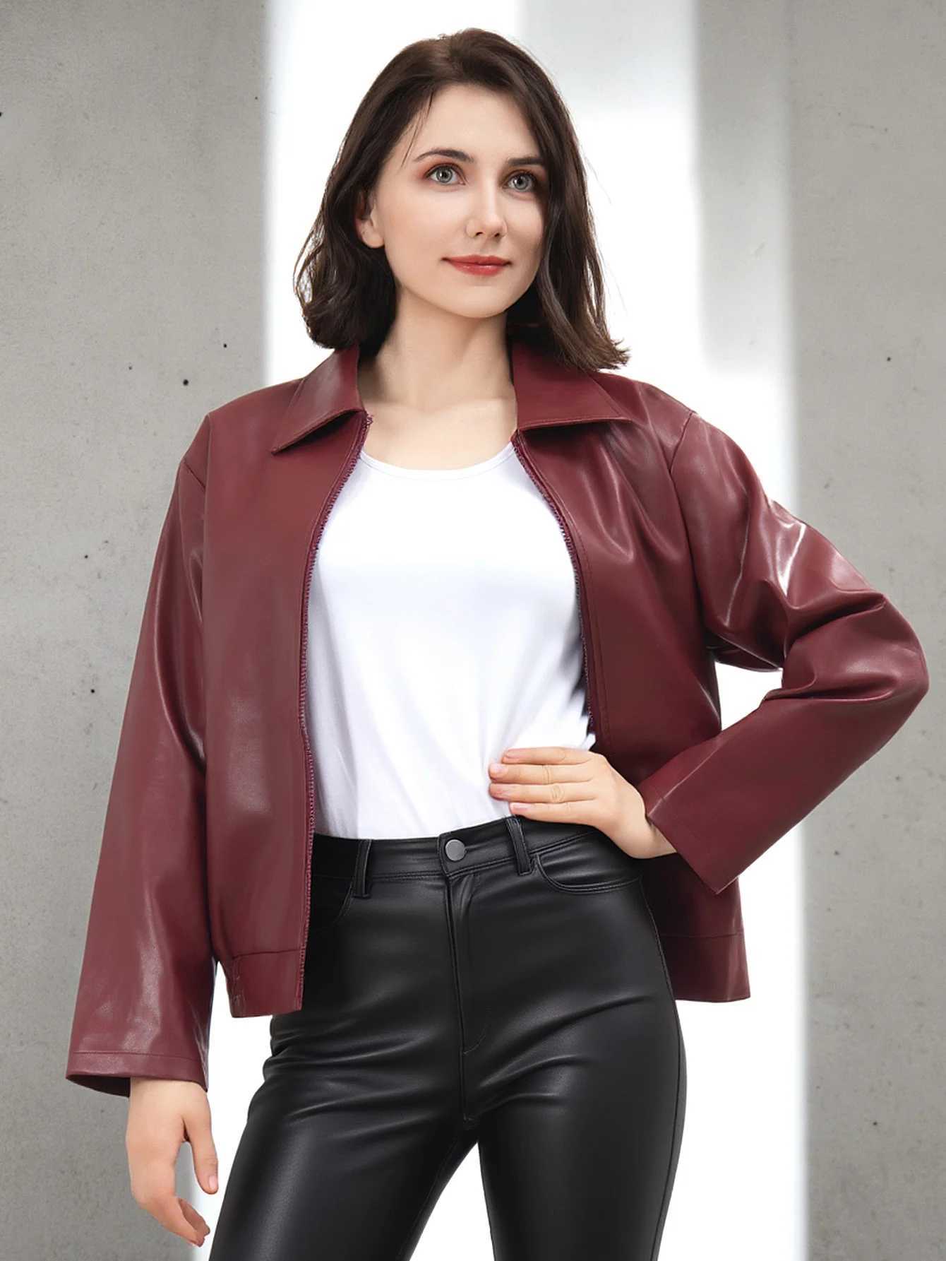 Womens Fashion Faux Leather Biker Jacket Zip Up Spring Autumn CoatT251017