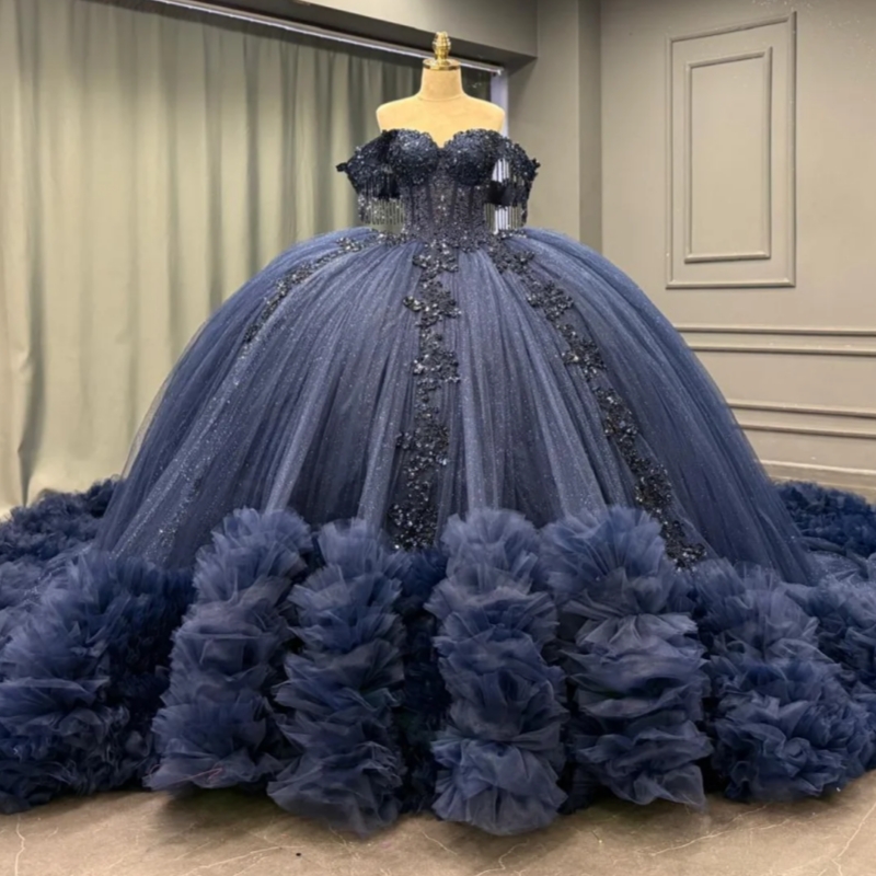 Navy Blue Shiny Quinceanera Dresses Off The Shoulder Applique Beading Crystal Tiered Tull Party Birthday Sweet 16 Dres Vestidos 15 De Anos