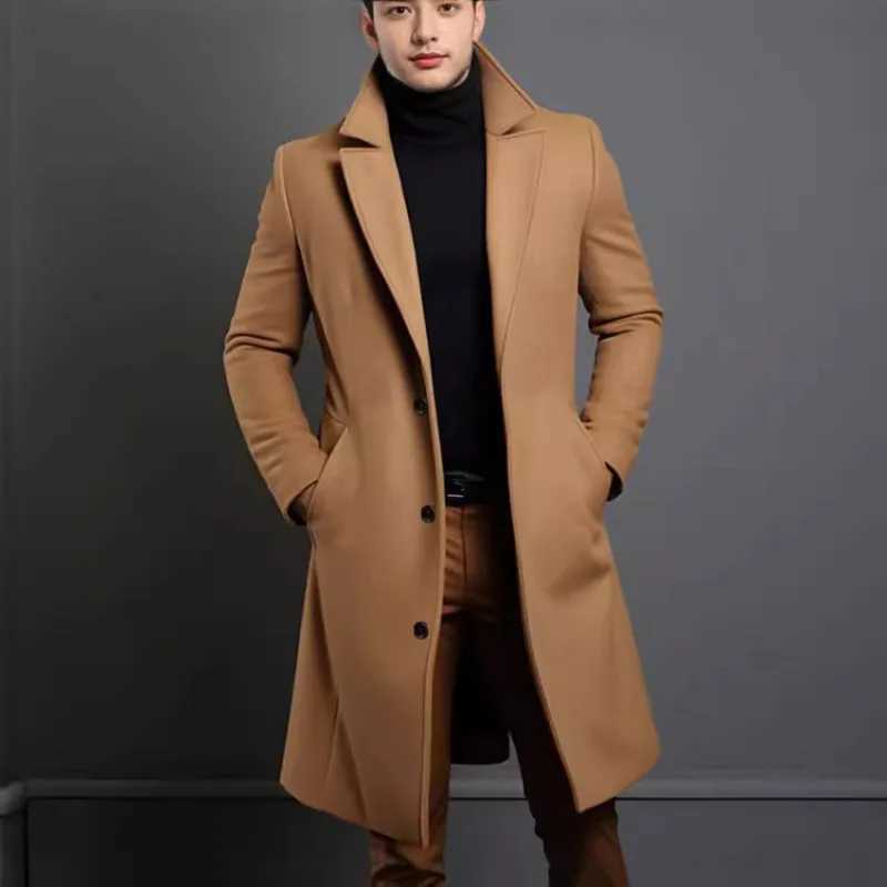 Woolen Coat Mens Long Solid Color Autumn Winter Woolen Coat Warm Youth Coat Trench Cardigan J251017