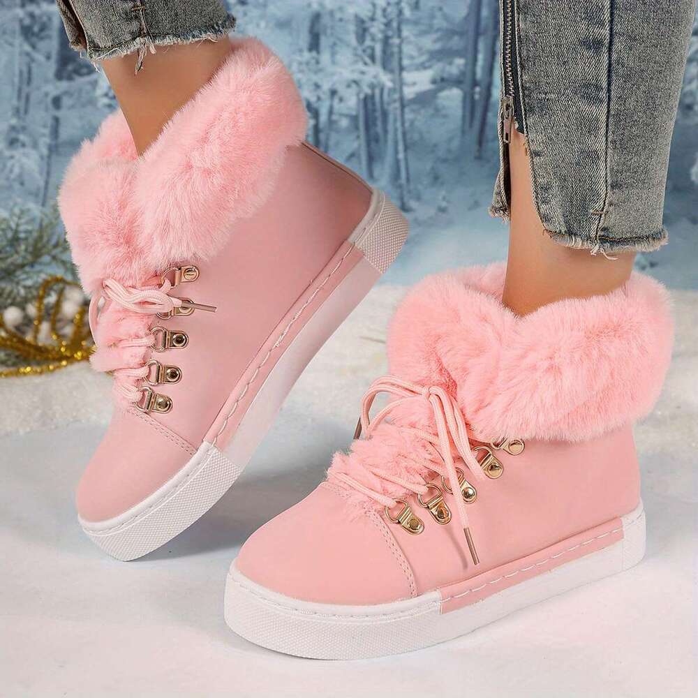 Women's Chunky PU Cover Upper With Faux Fur Thick Heel, Lace-Up Round Toe Ankle/Calf/Cuff Black, Pink, White, Brown, Grey, - TPR Sole Cold Weathe
