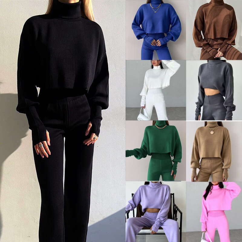 Women's Autumn Winter New Casual American Style Sweatshirt High Neck Loose Sleeve Long Pants Two-Piece Set B5