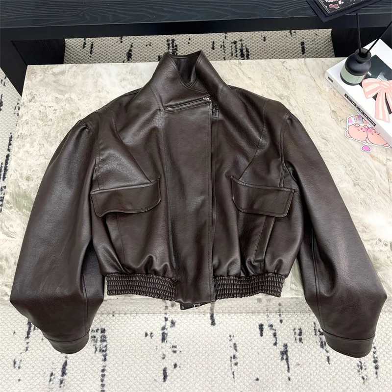 Sheepskin coat for women New asymmetrical slim fit womens jacket for autumn 2025 Artificial leather motorcycle womens coat y2kT251017
