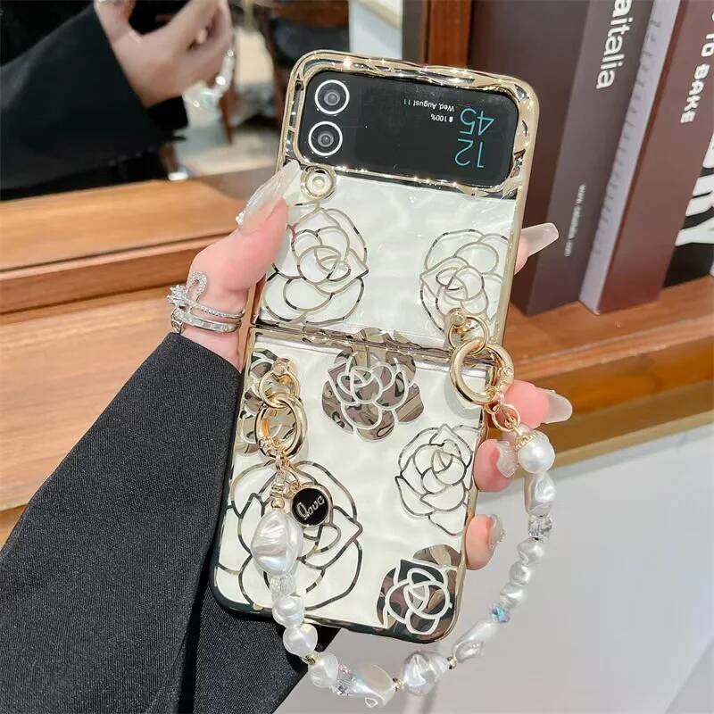 Elegant Flower Pearl Wrist Strap Soft Phone Case Cover For Samsung Galaxy Z Flip 3 4 5 6 7 F7220 Flip6