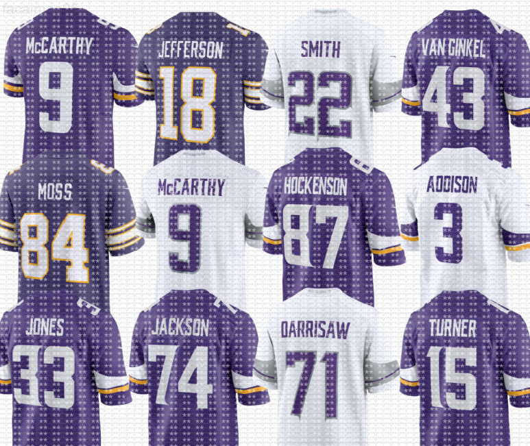 nfl Vikings Jersey Randy Moss 9 J.J. McCarthy Justin Jefferson Aaron Jones Andrew Van Ginkel Dallas Turner Harrison Smith Jordan Addison Jackson T.J. Hockenson Football