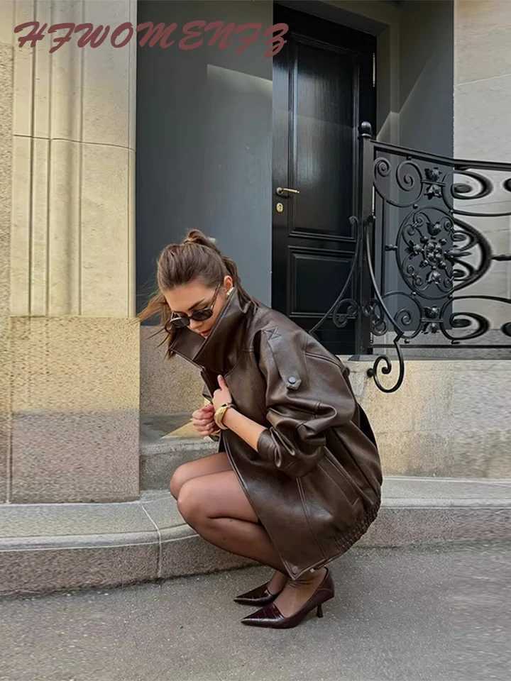 Pu Leather Solid Women Coat Full Sleeve Lapel Lady Jacket 2025 Autumn Winter Fashion Zippers Pocket Loose Chic Female OutwearT251017