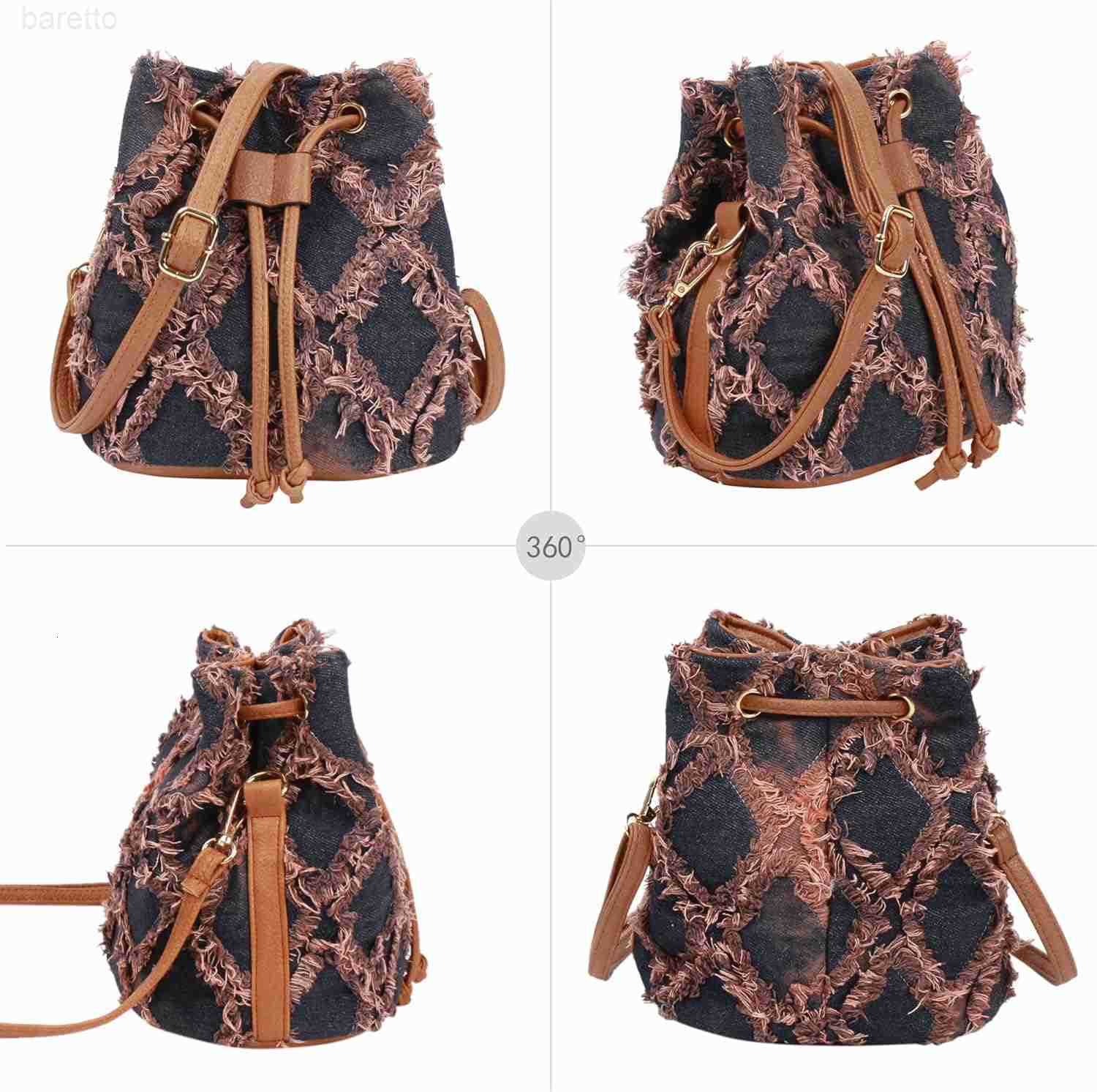 Women Denim Mini Bucket Shoulder Crossbody Bag Drawstring Quilted Distressed Tassel Barrel Shape Satchel Purse Z251016