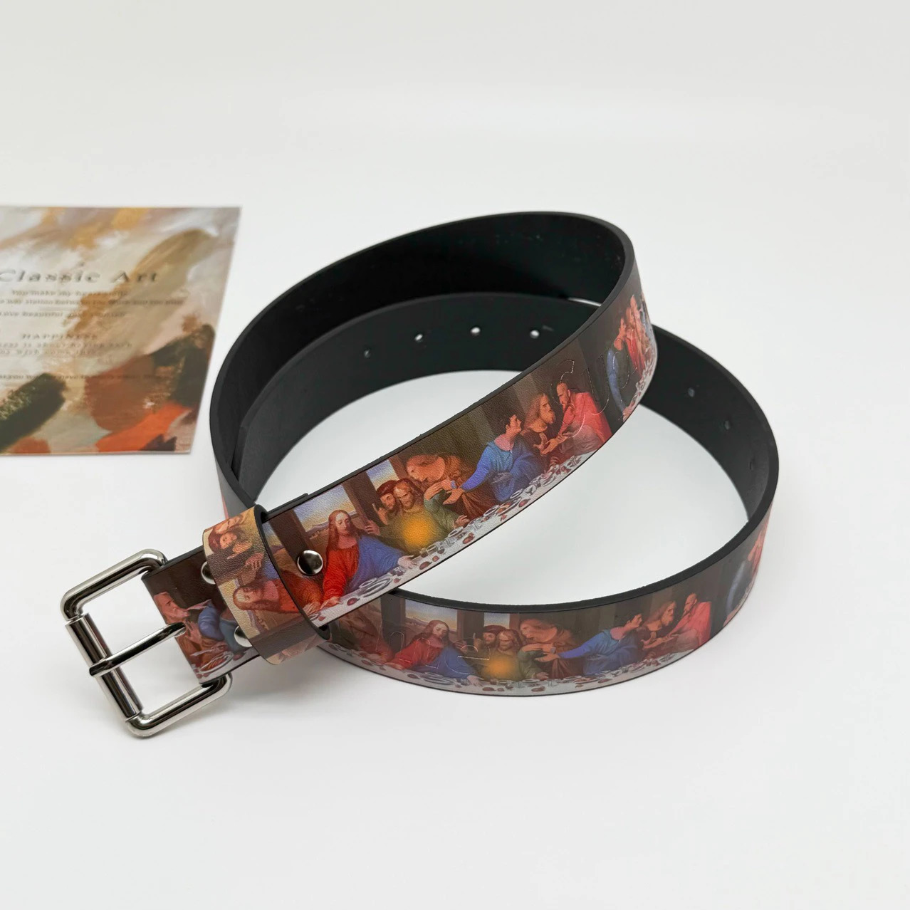 Faionable Retro Sle Last Supper Time Printed Belt High Street Leather Belt for Men And Women Youth Suitable PU Leather Belt 251010