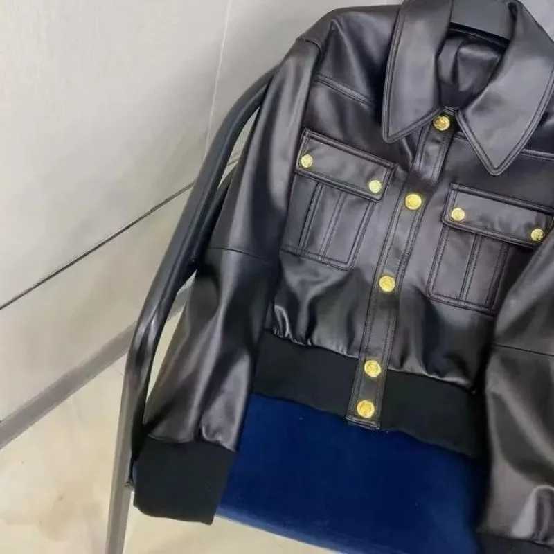 Luxury Womens Black Leather Jacket PU Leather Coat Spring Autumn Metal Button Pocket Outerwear Streetwear Short Top Long SleeveT251017