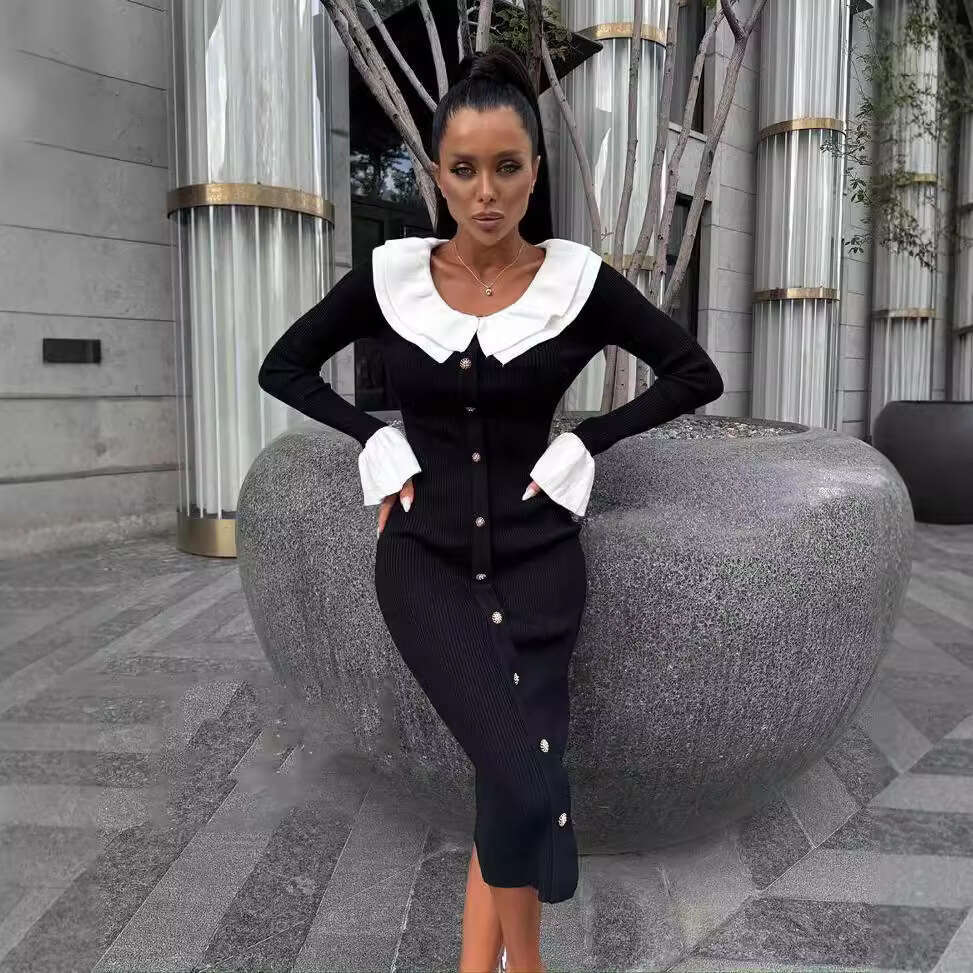 Autumn Winter New Knitted Sweater For Women Fashion Patchwork Color Block Slim Elegant Temperament Dress B5