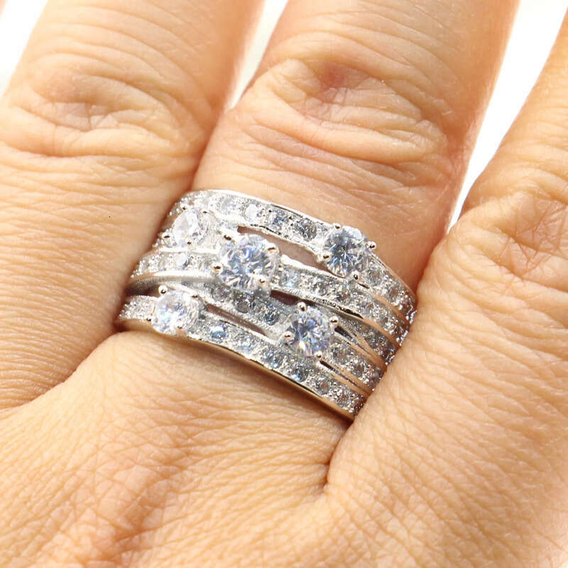 Infinity Jewelry Real Sterling Sier Big Discount White Clear Topaz CZ Dia Eternity Wedding Band Net Ring for Women