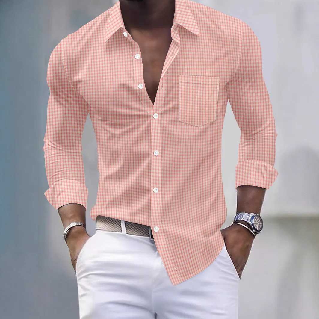 Mens Shirt New SpringAutumn Style Business Casual Solid Check Pockets Design Collar Buttoned LongSleeved Shirt J251017