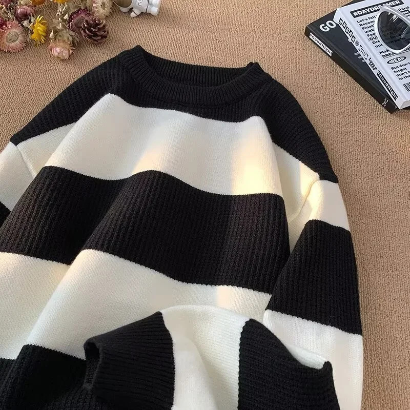 2025 Winter Mens Long Sleeve Striped Sweater Korean Fashion Pullover Knitted Sweaters Casual Crewneck Pullovers Y2K Streetwear 251017