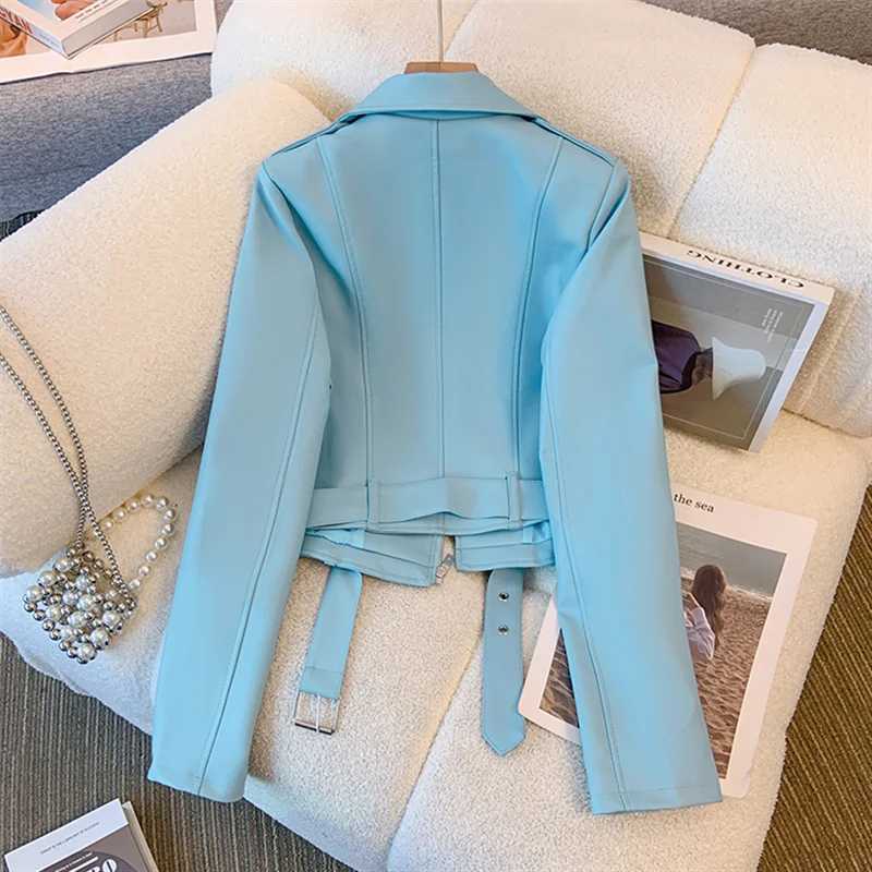 Black White Sky Blue Faux Pu Leather Jacket Women Slim Short Coat With Belt Lapel Long Sleeve Spring Autumn Female StreetwearT251017