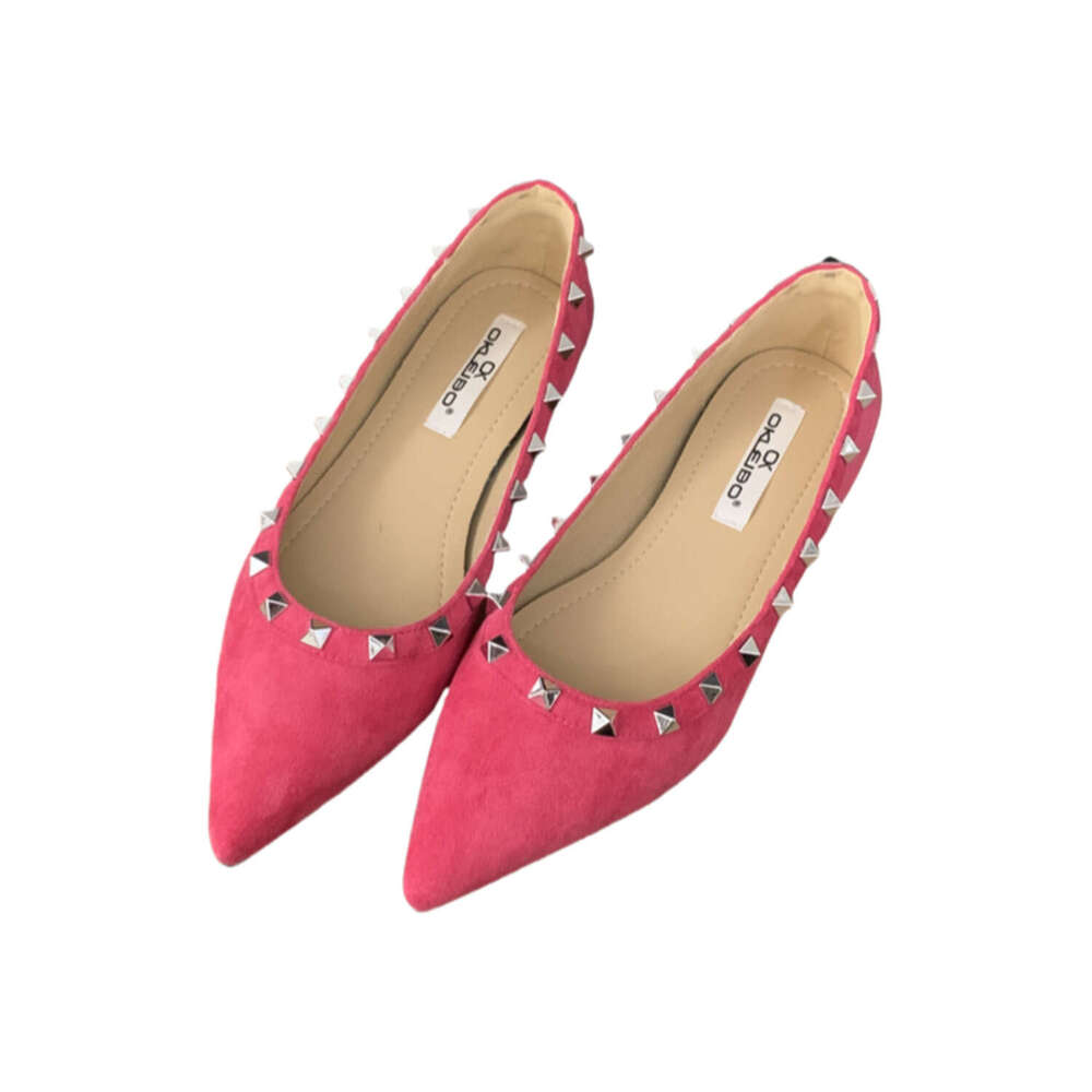 Women's Designer Shoe Petite Pointed Toe Hidden Wedge 2.5CM Sole Suede Rose Red Studded Shallow Sexy Low Heel Single Shoes Date Night Essential