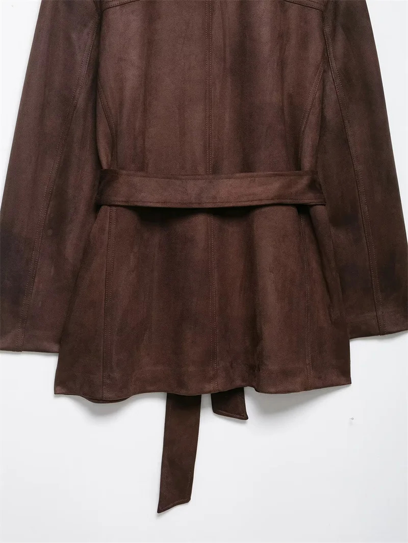 Womens Jacket Fall 2025 Russet Long Sleeve Suede Effect with Belt Jacket Casual Fashion Personality Versatile 251013