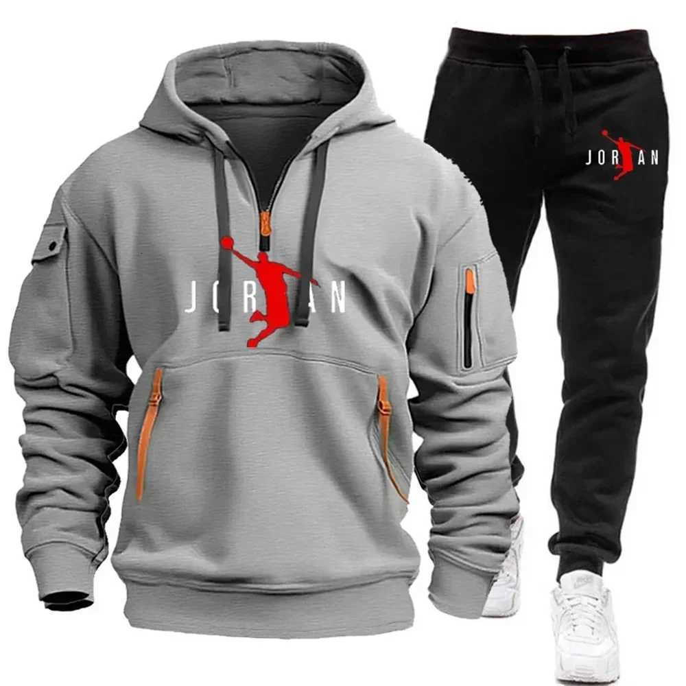 Mens Spring and Autumn Trendy highquality hoodie Set 2025 zipper multipocket hoodie loose casual set Z251017