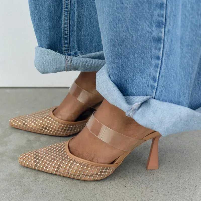 Crystal Mesh Breathable Thin High Heel Slippers Women Sexy Pointed Toe Slingback Slide Sandal Elegant Designer Party Dress Pumps Z251015