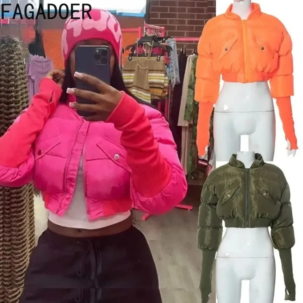 FAGADOER Winter Sweet Puffy Jacket Women Solid Color Zipper Crop Top Jacket Patchwork Puffer Fashion Streetwear Coats 251011