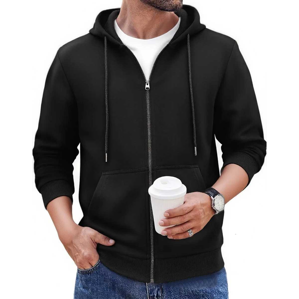 Mens autumn and winter hooded sweatshirt with drawstring and zipper simple and versatile suitable for daily work and sports Z251017