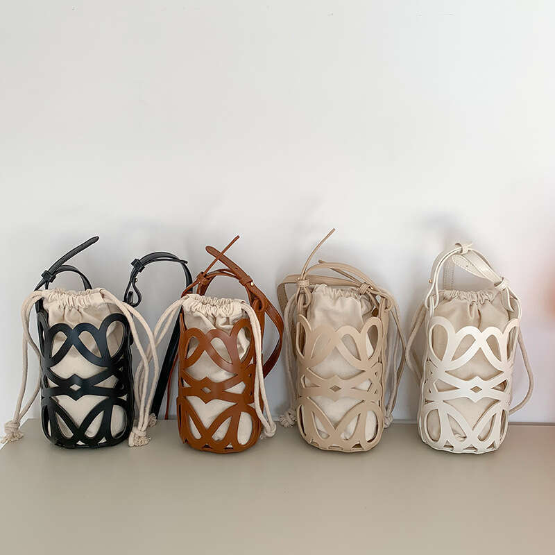 New Korean Style Bucket For Women, Hollow Drawstring Canvas Shoulder Bag, Niche Design, Fashionable Versatile Crossbody Bag B5