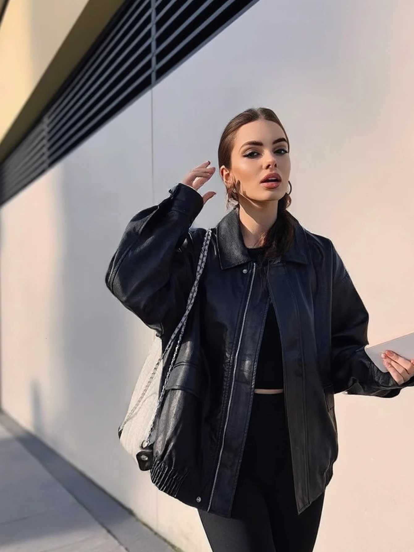 Womens Stylish PU Leather Jacket Lightweight Spring Fall OuterwearT251017