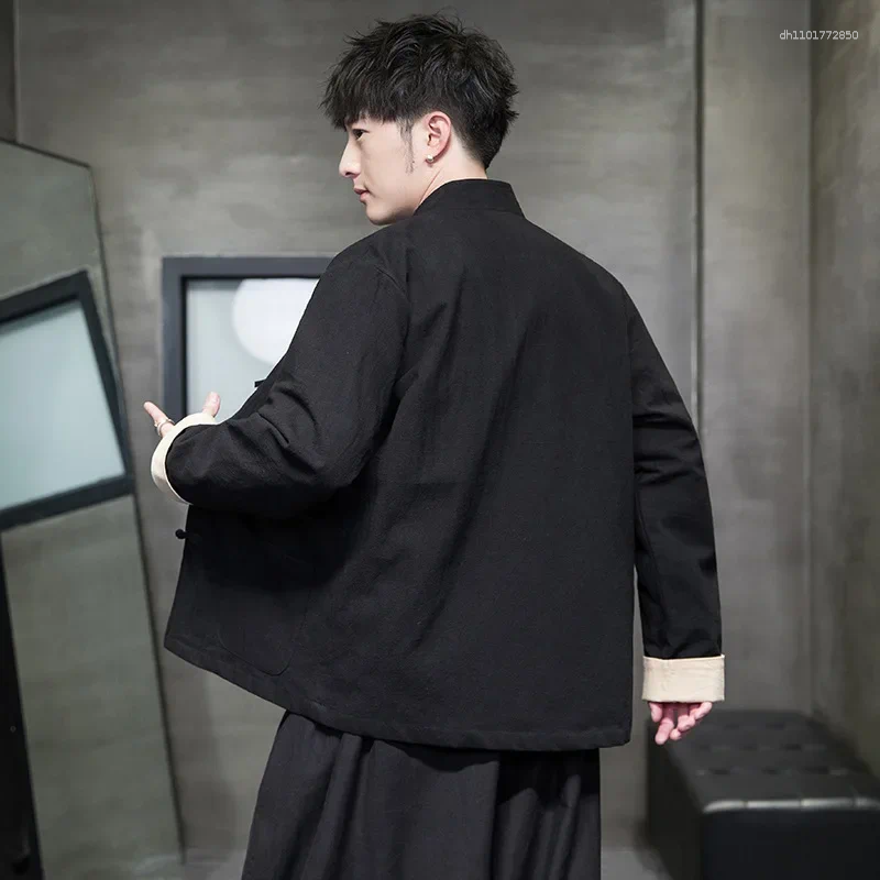 Men's Jackets Chinese Style Jacket Stand Collar Button Up Retro Tang Costume Hanfu Loose Fit Regular Length Outerwear Coat