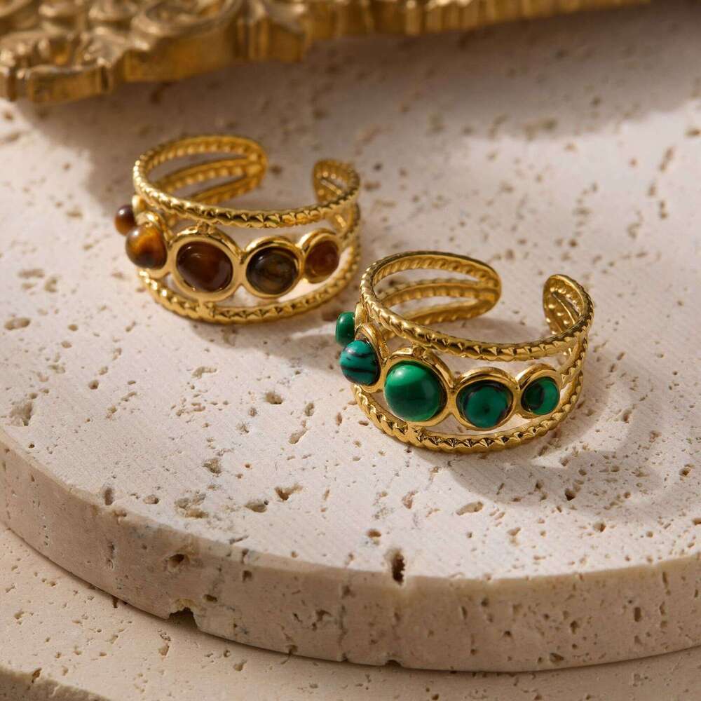 St.delan French Style Hollow Round Bead Turquoise Tiger Eye Stone Open Ring Women's Stainless Steel Jewelry ddmypluto