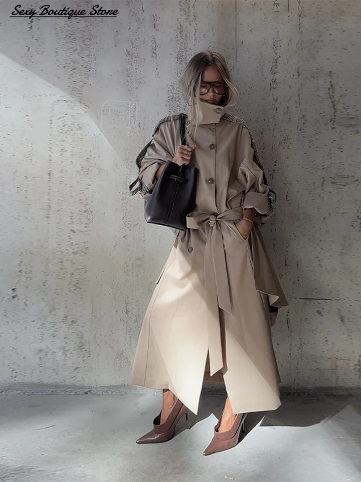 Autumn Winter Elegant High Neck Long Trench Coat For Women Pleated Hem Lace Up Jacket Windproof Overcoat 2025 Lady Outwear 251013